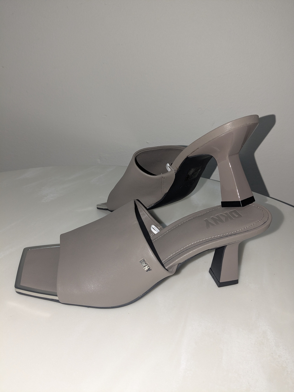 DKNY Taupe Open Square-Toe Mule Heels